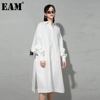 eam women irregular vent big size long white dress new lapel long sleeve loose fit fashion tide spring autumn 2021 1dd4500