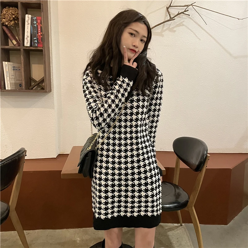 

Zoki Autumn winter women's half high neck dress houndstooth knit elegant temperament slim evening dress mid-length