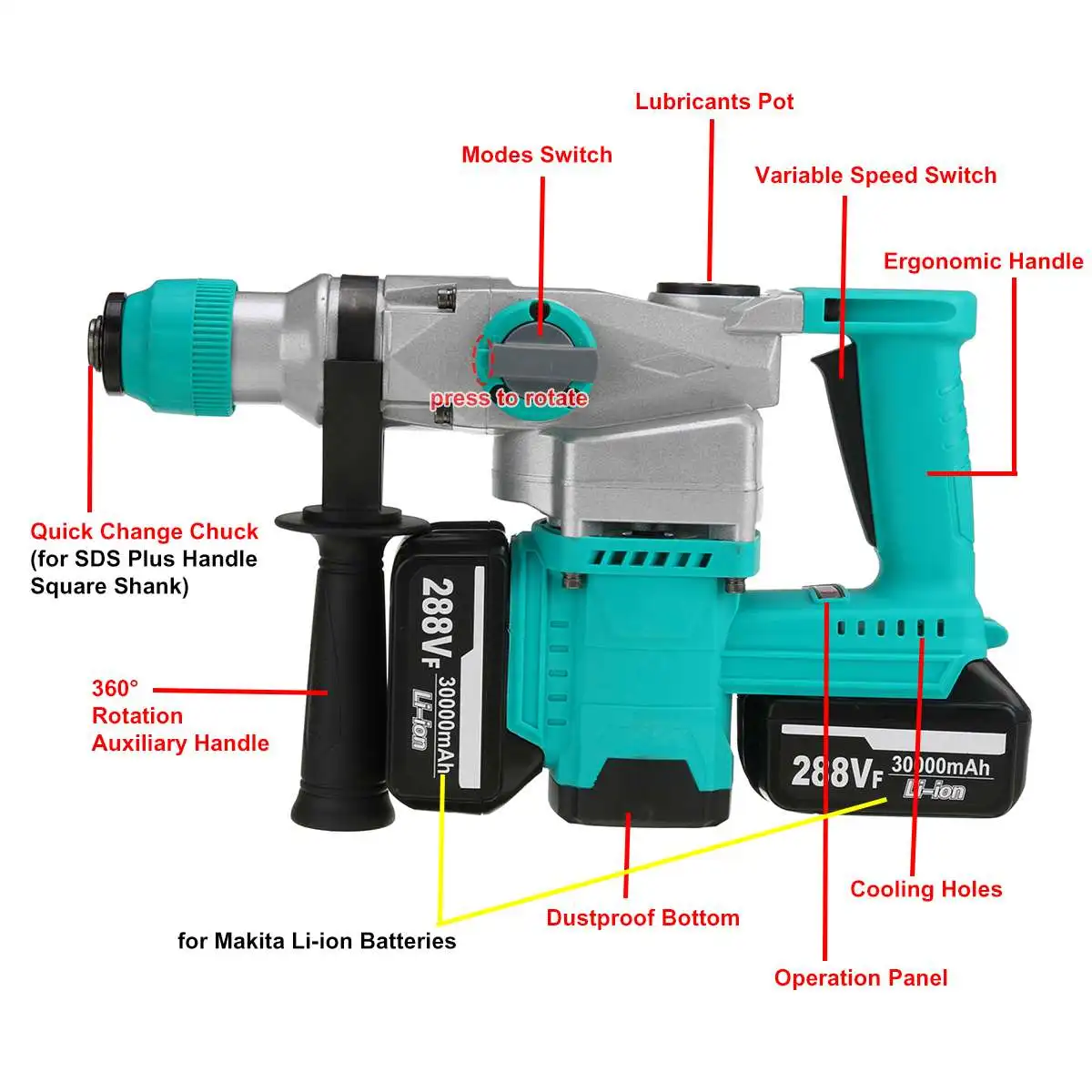 

3 in 1 288Vf Rechargeable Brushless Cordless Rotary Hammer Drill Electric Hammer Impact Drill Electric Pick with 2pcs Battery