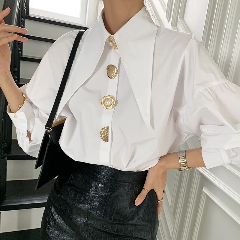 

Korean Style pring Summer Fashion Puff Sleeve Blouses Shirts Vintage Oversize Buttons Office Lady Elegant Tops