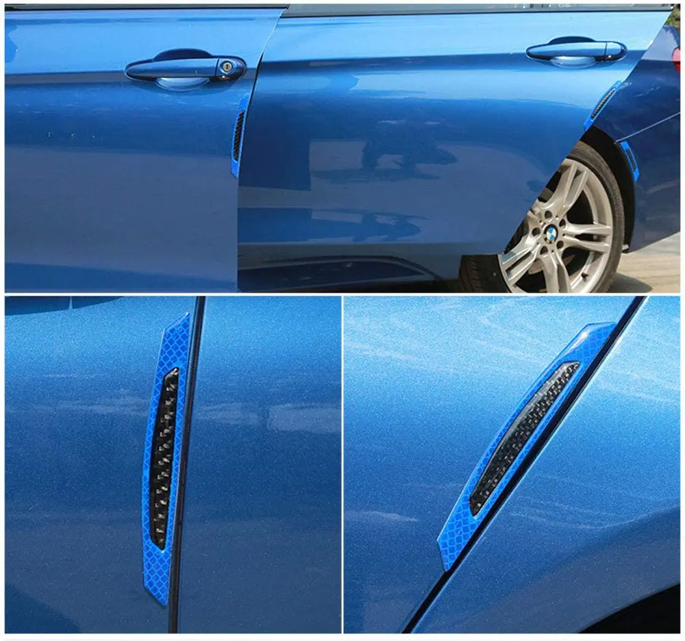 

4pcs 3D Super Reflective Stickers Carbon Fiber Strips Car Side Green Open Door Edge Bumper Anti-Scratch Protection Guards Trim