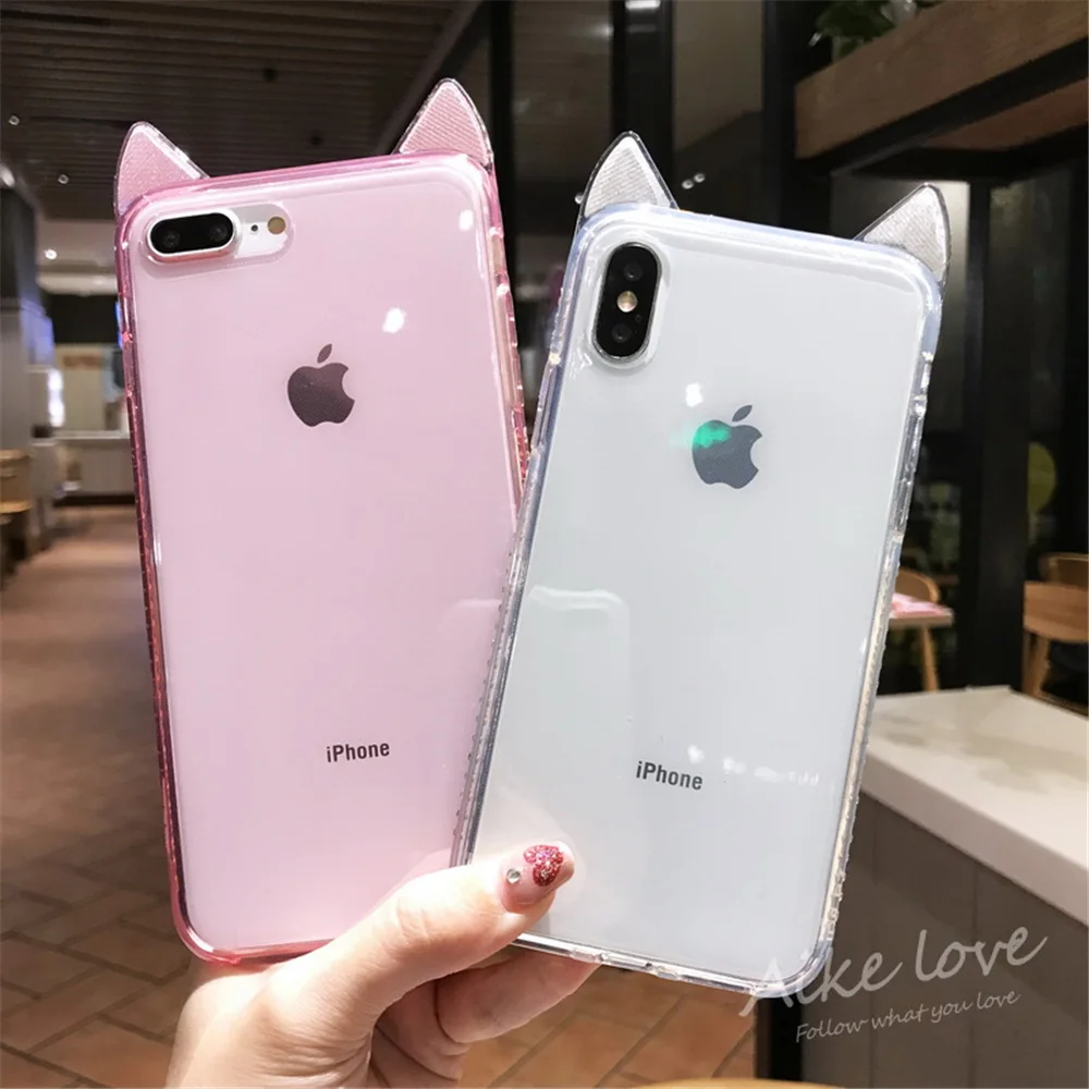 N1986N Телефон чехол для iPhone 6 6s 7 8 Plus X XR XS Max роскошный сверкающий чехол с кристаллами милые кошачьи уши прозрачный мягкий TPU для iPhone X чехол для телефона