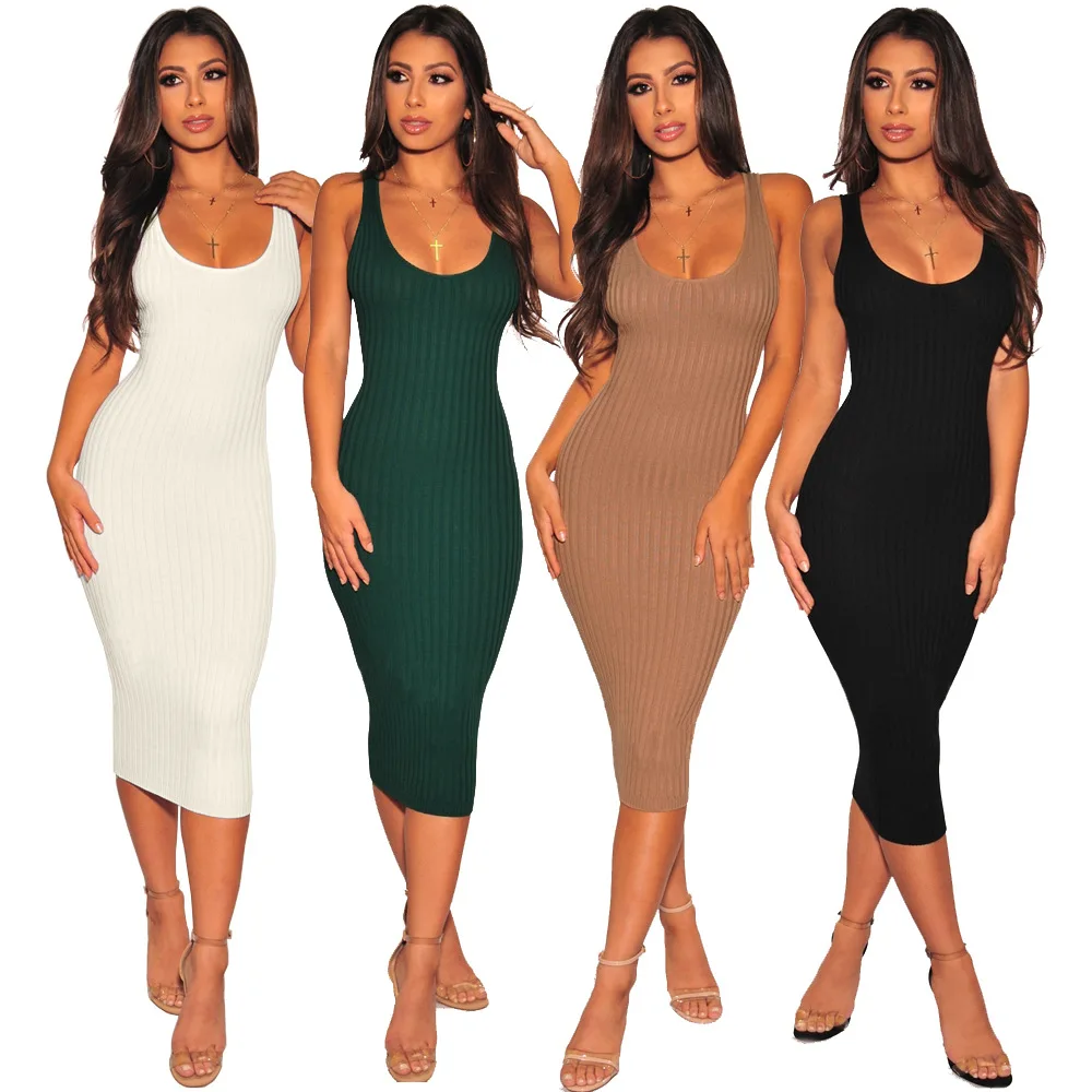 

2021 Summer Women Fashion Knit Dress Suspenders Skinny Vest Dress