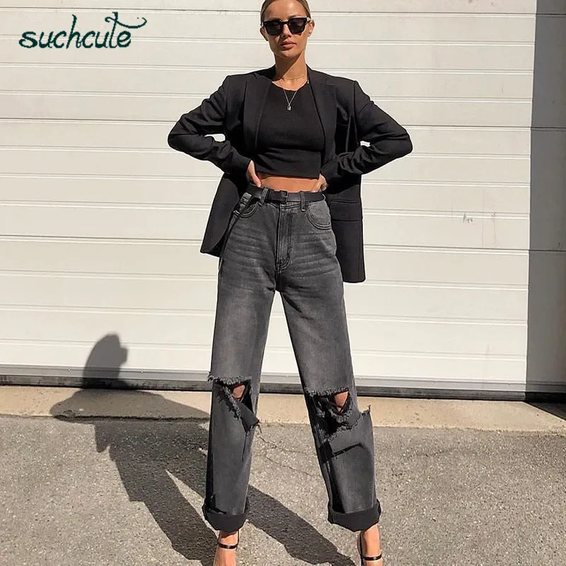 SUCHCUTE Hole Jeans Women Wide Leg Denim Pants Plus Size Punk Korean Style Trouser Casual Korean Style Harajuku Female Joggers