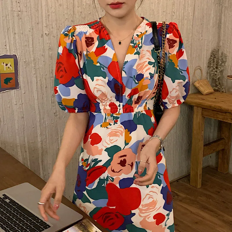 

One-Piece Women Floral Dress French Elegant Printing V-Neck Chic Ladies Sundress Korean Vintage Puff Sleeve Summer Casual Dress