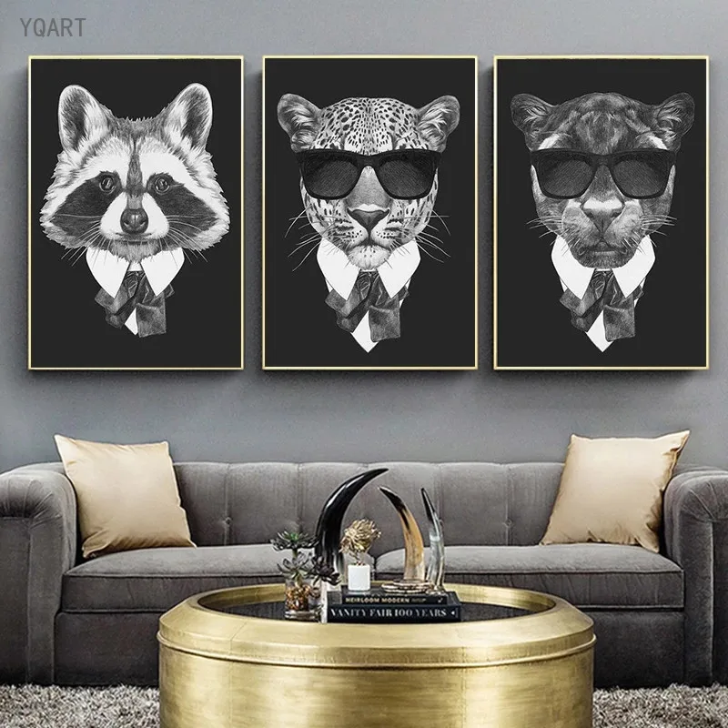 Современная Картина на холсте черные белые нежные животные с костюмом настенные
