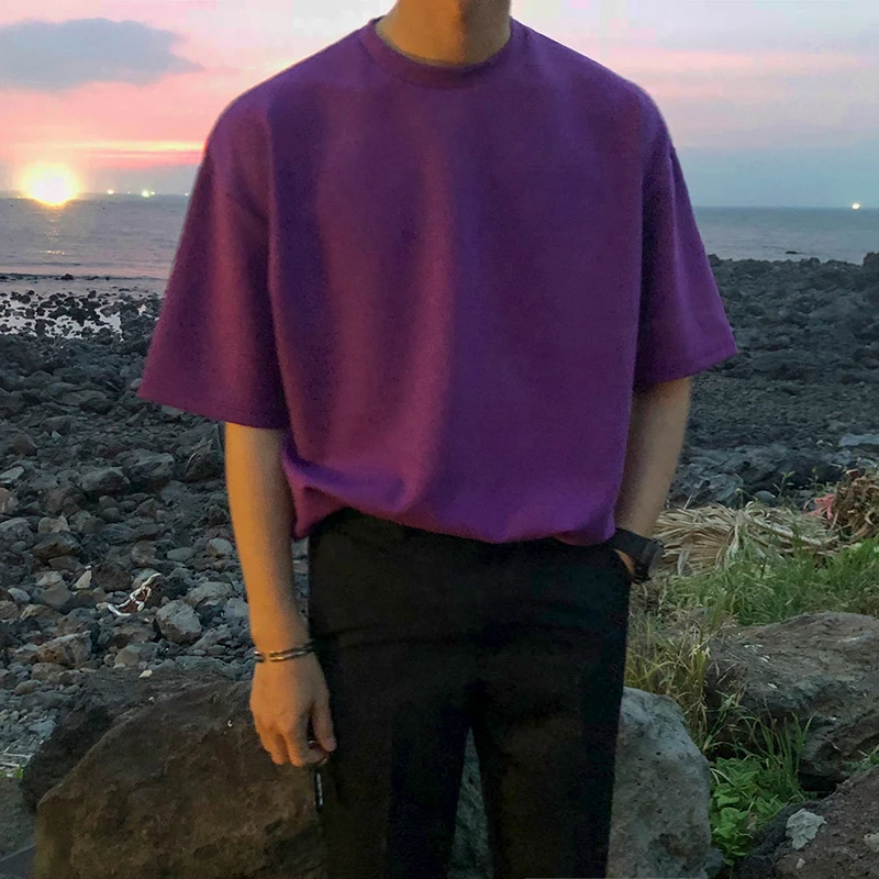 

Summer Korean T Shirt Men's Fashion Solid Color Cotton Casual O-neck T-shirt Men Streetwear Loose Short-sleeved Tshirt Tops Mens