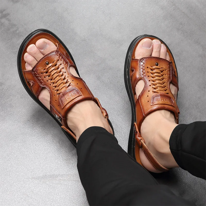 Мужские пляжные сандалии LIMEIKE черные из натуральной дышащей кожи мягкие для лета