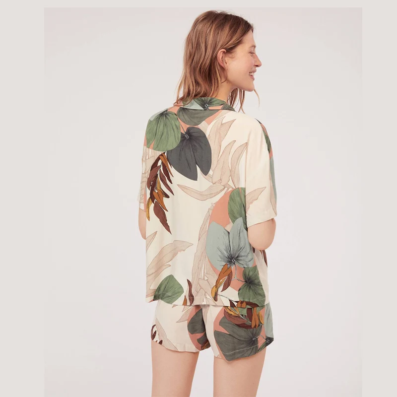 Женский пижамный комплект летний из шелка с длинными рукавами воротником и