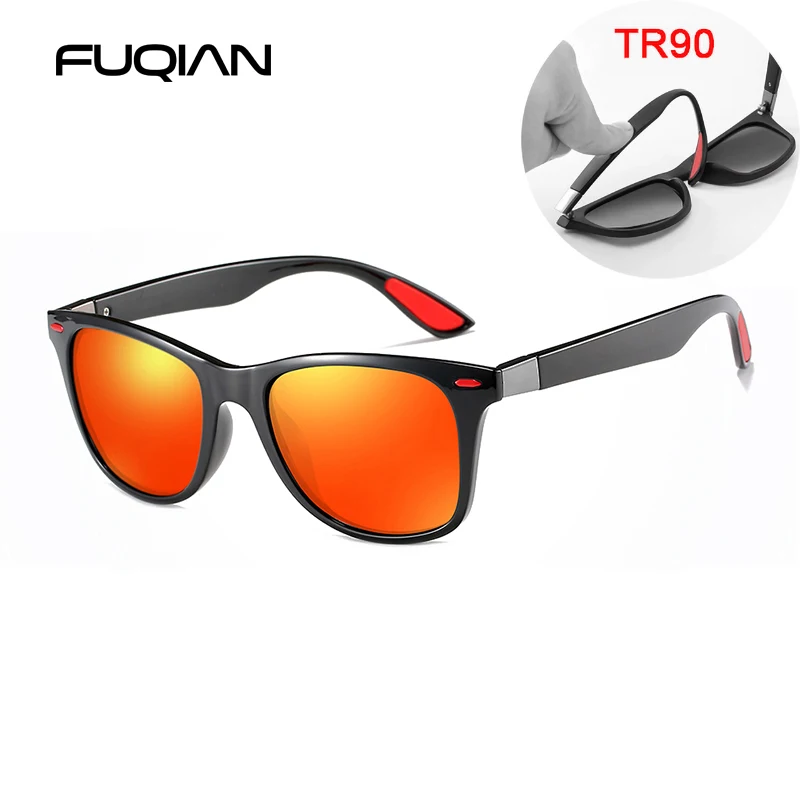 Black Red FUQIAN Модные TR90 поляризационные солнцезащитные очки мужские классические квадратные женские солнцезащитные очки ультра светильник унисекс очки для вождения UV400 - Цвет линз: Black Red