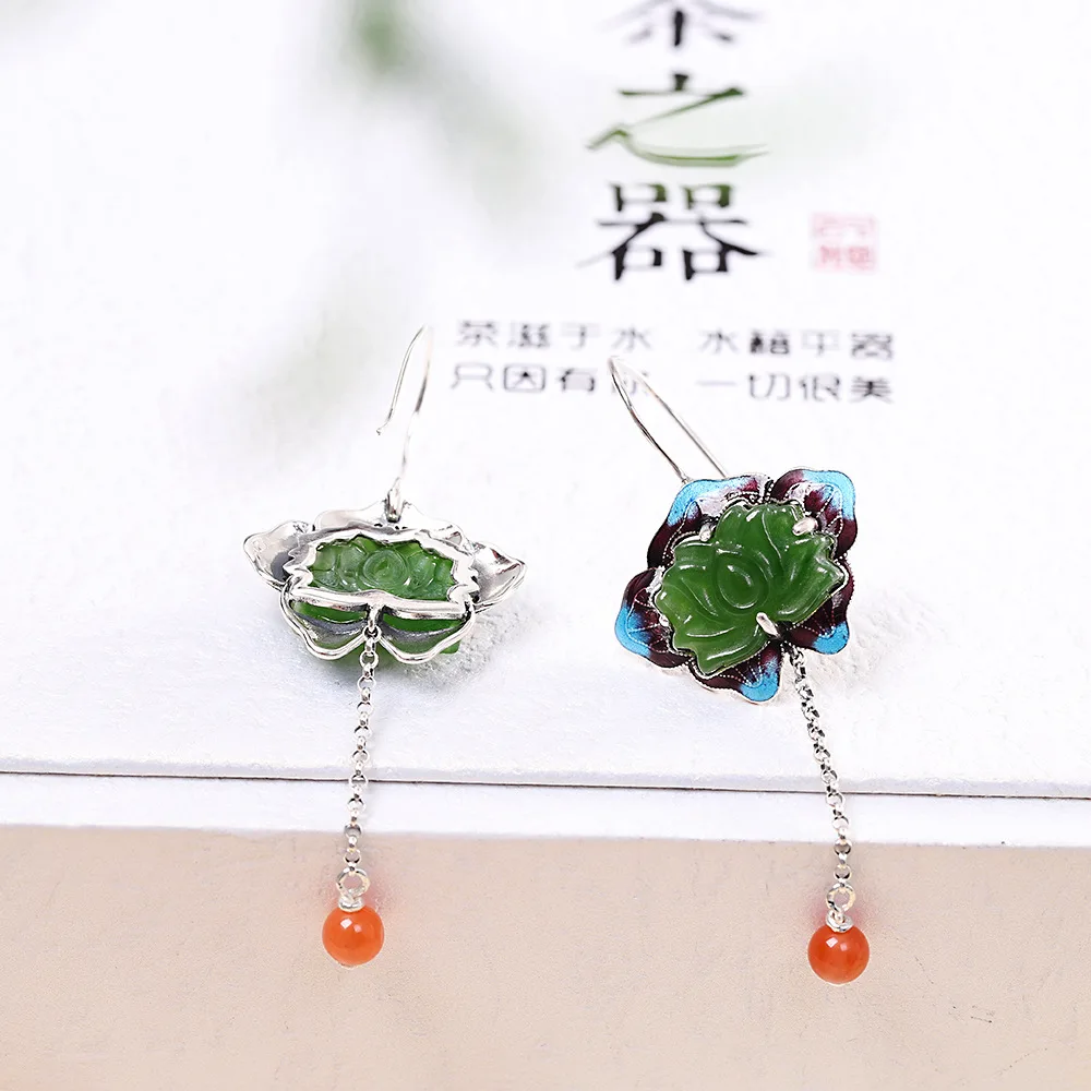 

MetJakt S925 Sterling Silver National Style Women's Lotus Hetian Jasper Chinese-Style Ear Pendant