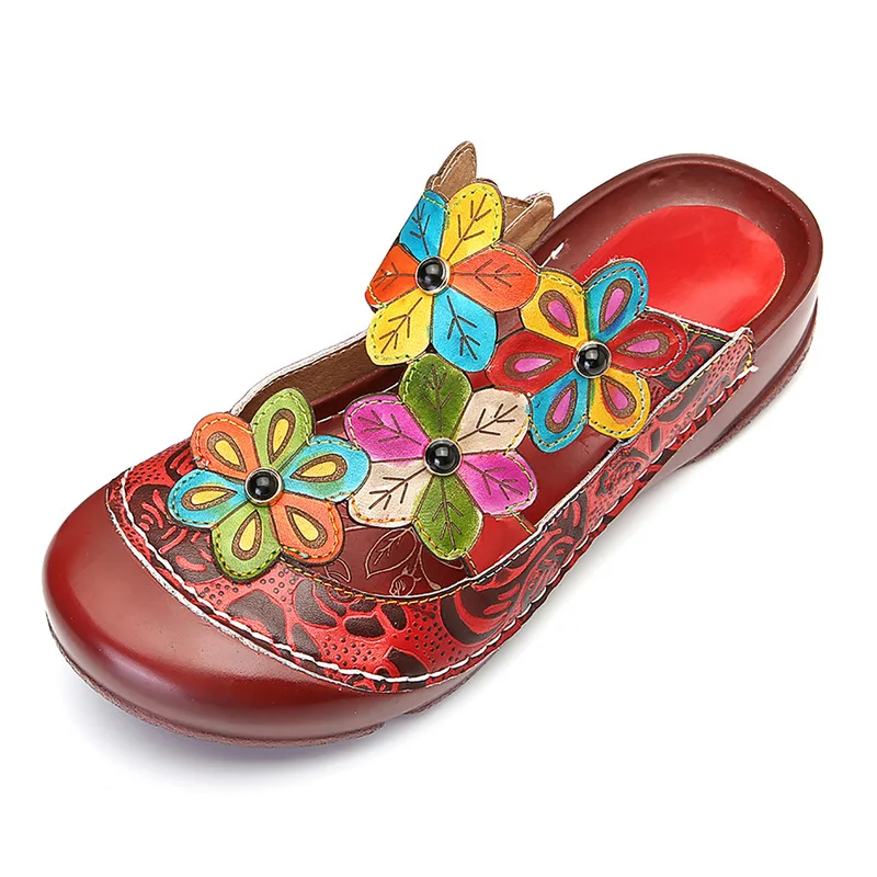 

Casual Vintage Woman Slippers Cutout Elegance Vintage Flat Shoes Women Shoes Printed Genuine Leather Bohemian 3CM Flowers