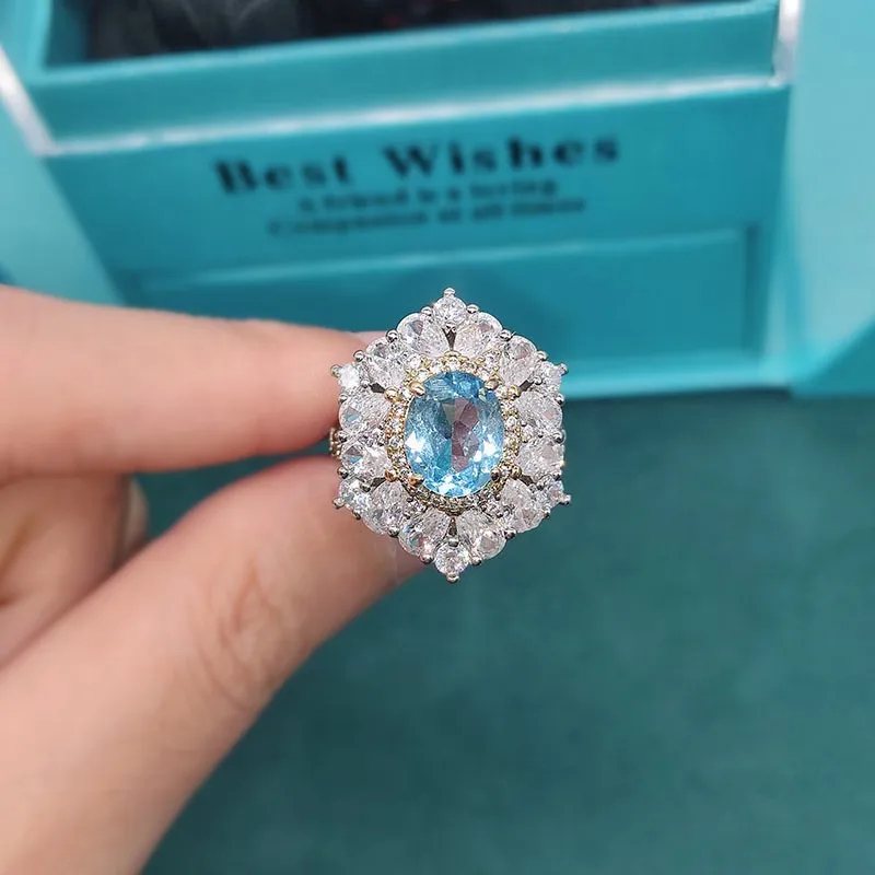 

Foydjew 3 Carat Natural Sky Blue Topaz Rings For Women Fashion Natural Gemstone Open Adjustable Ring Color Treasure Jewelry