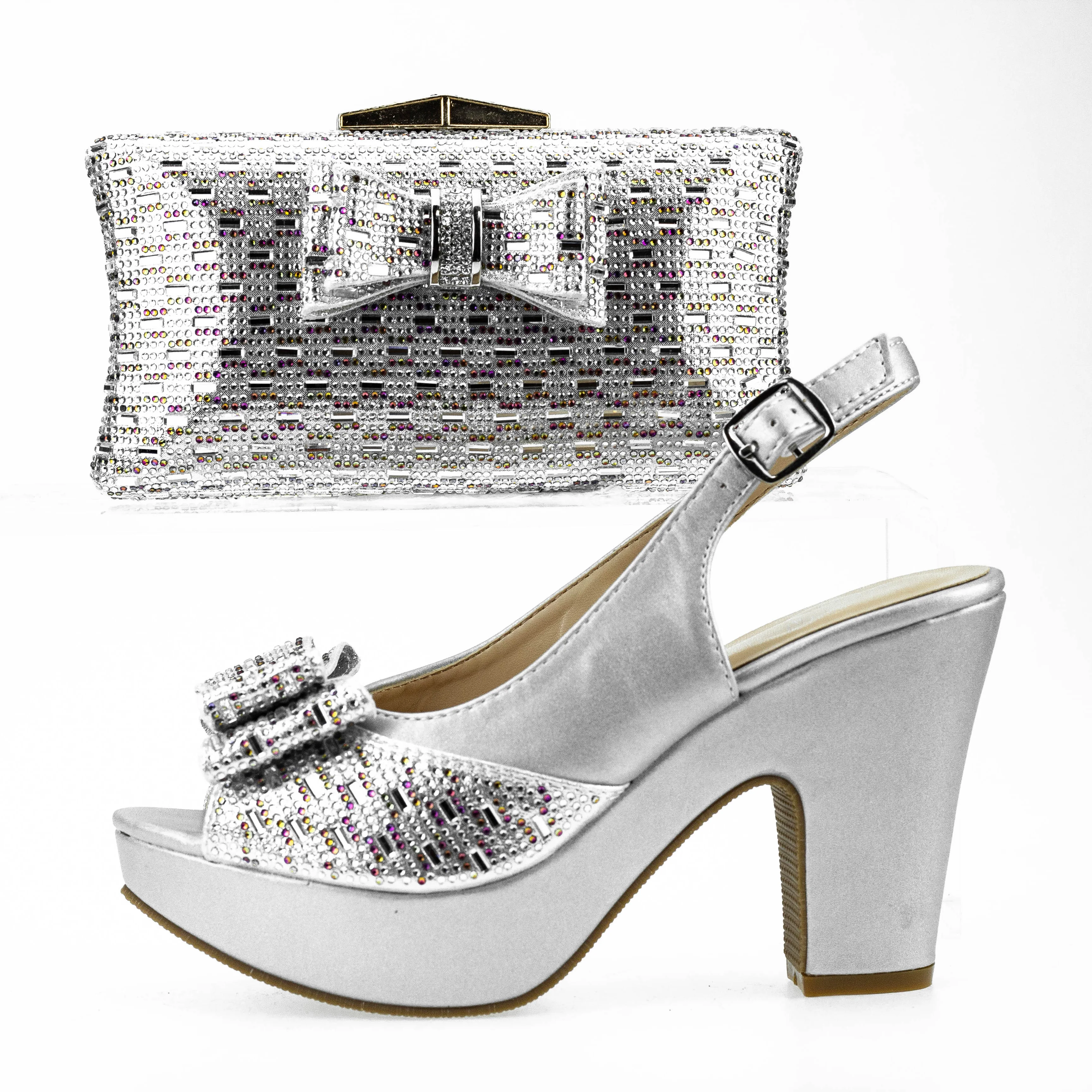 Bowknot Platform Shoes Summer Sandals Women 6245-35 Chunky Shoe with Bag Italian Wedding Pumps Heels Shoes and Matching Purse