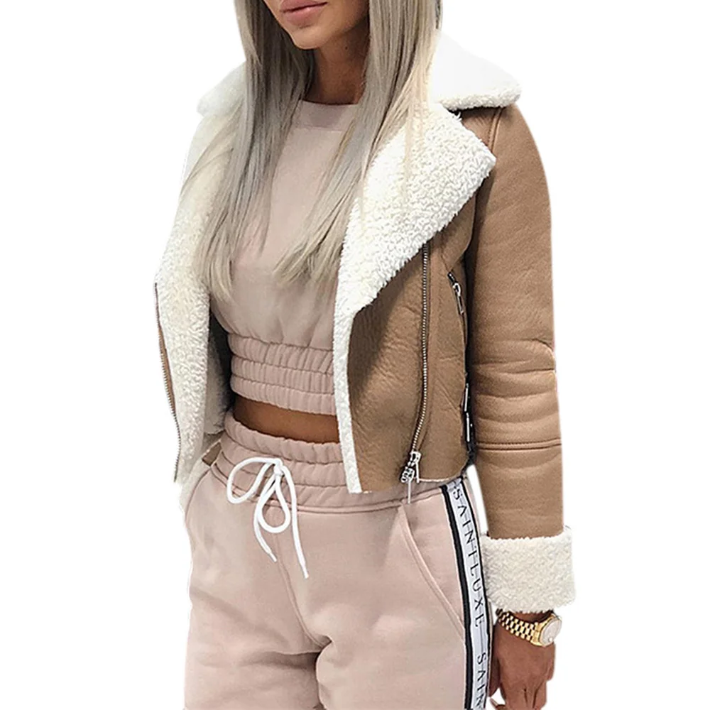 

Fashion Lapel Suede Leather Buckle Cool Pilot Jacket Faux Lamb Wool Motorcycle Jackets Outwear 2021 Autumn Women Coat Jackets