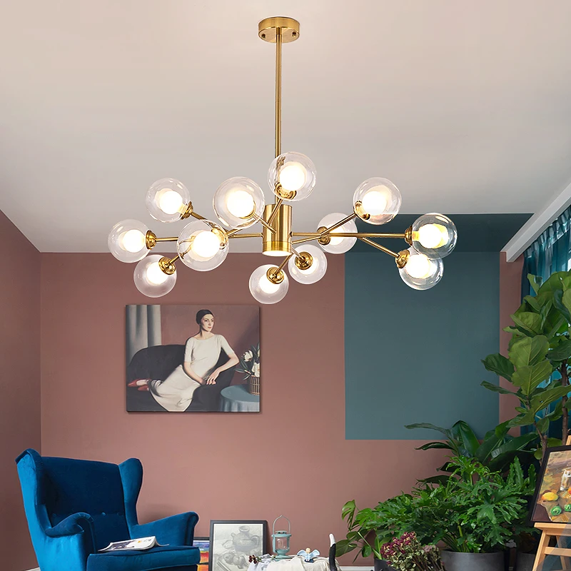 

Light luxury glass ball chandelier living room creative personality golden Nordic hall bedroom dining room pendant lamps