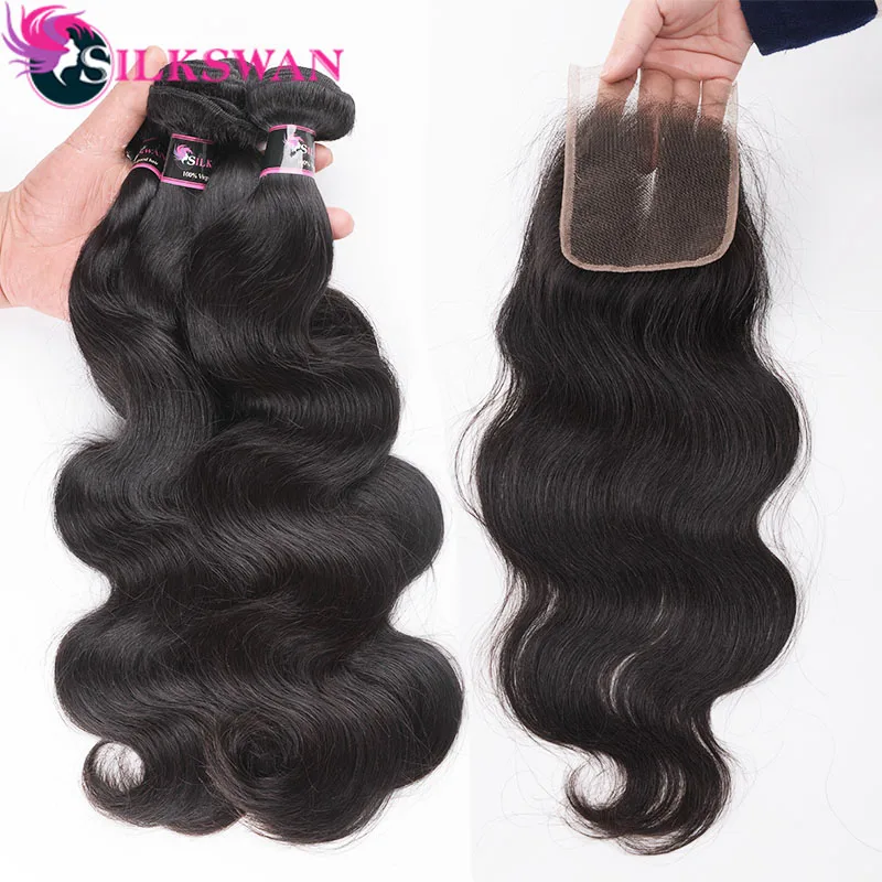 

Silkswan Human Hair Extensions Bundles With Closure Body Wave 4*4 top closure Brazilian Remy Hair Weaves Double Hair Weft