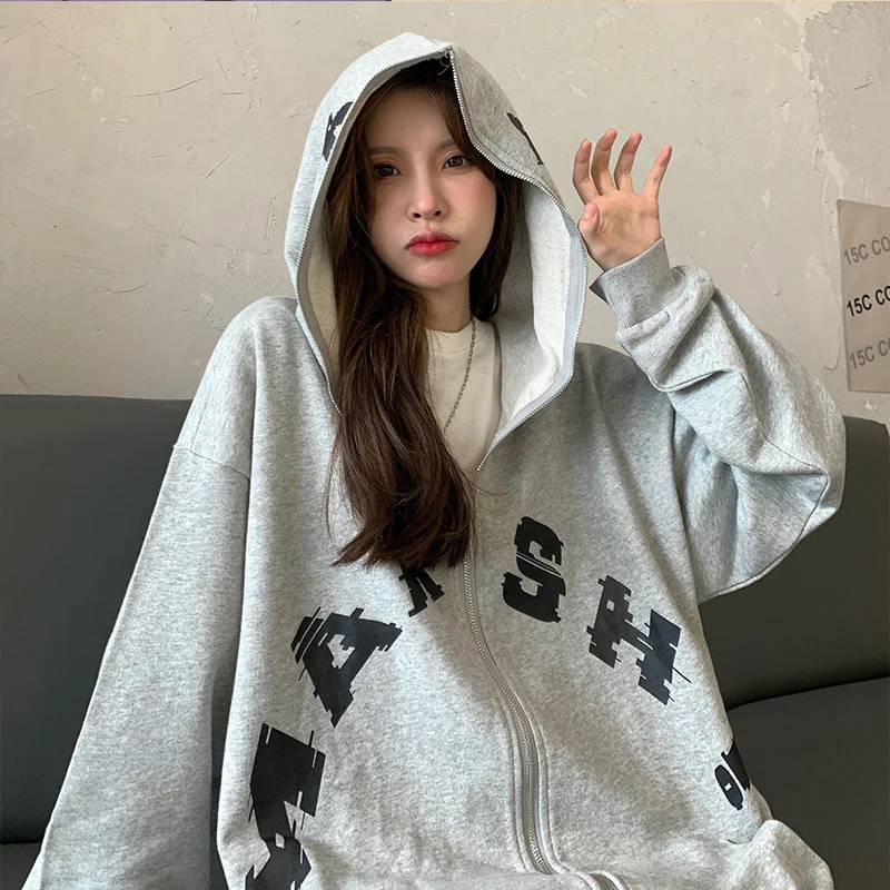 

Real Shot Letter Print Loose and Hooded Cardigan Sweater