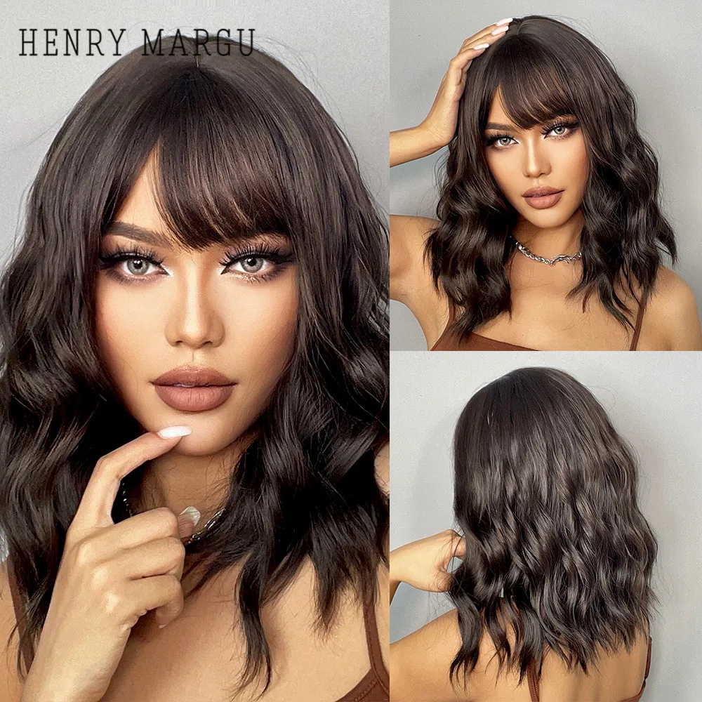 

HENRY MARGU Short Bob Wave Synthetic Wigs with Bang Dark Brown Black Curly Natural Hairs for Daily Cosplay Party Heat Resistant