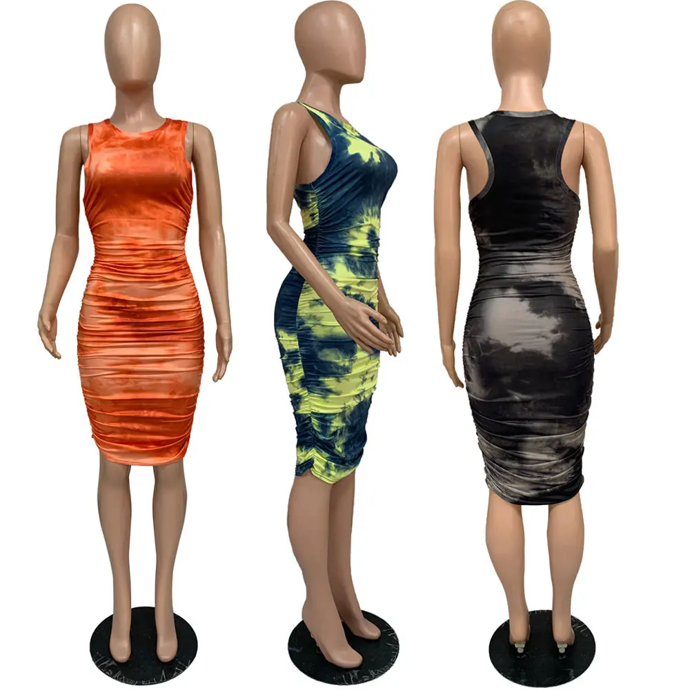 

2021 Summer New Sleeveless Tie-dye Print Pleated Tank Mini Dress Women Casual Sexy Slim Bodycon Pencil Vestidos Streetwear