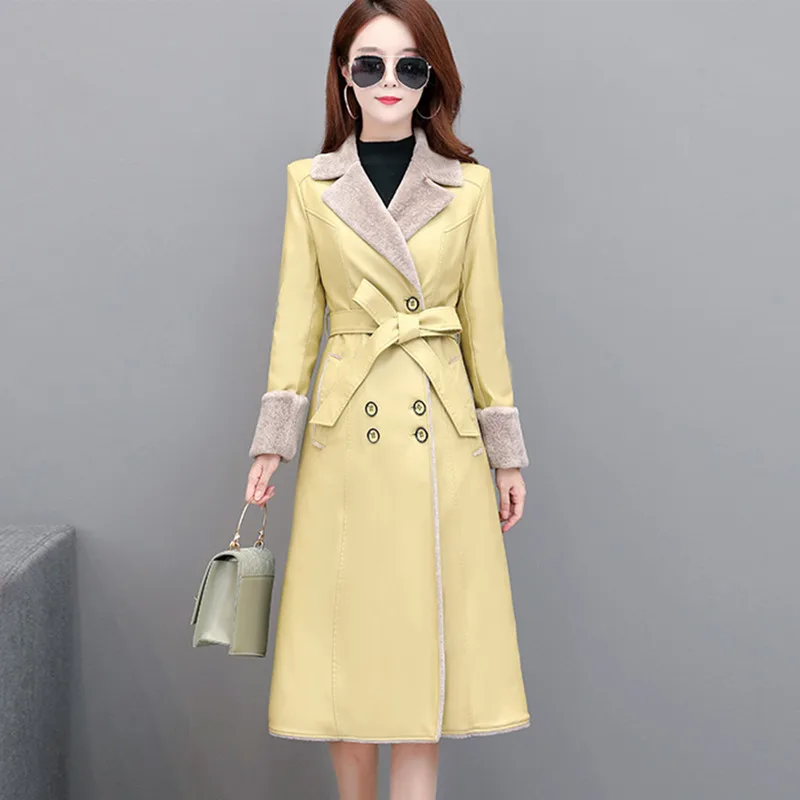 Women Long Leather Overcoat Winter 2022 Fashion Lamb Fur Thicken Warm Tops Coat Lacing Belt Slim Sheepskin Outerwear Female