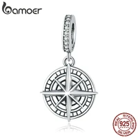 bamoer 925 sterling silver compass pendant charm for original brand bracelet embossed pattern silver beads jewelry make bsc383