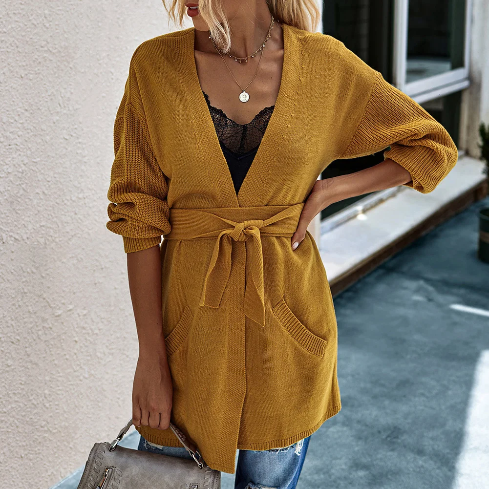 Casual Women Autumn Solid Color Open Front Sweater Cardigan Pockets Belt Coat |
