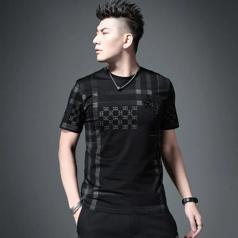 

Shechao t-shirt men's Plaid Knight print bottom shirt