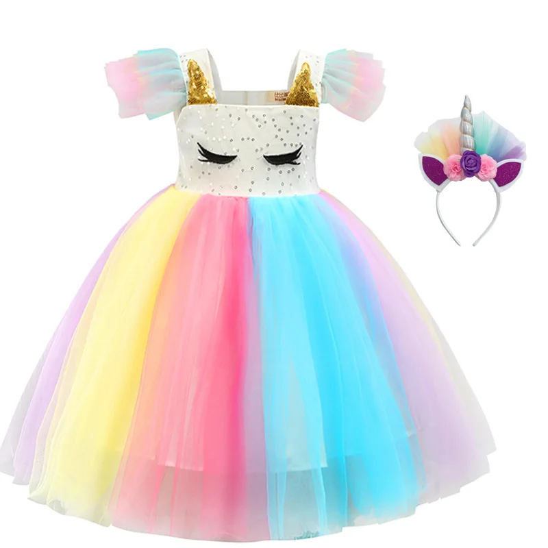 Новый 2020 для детей и единорогом девочек Радужное платье принцессы дня рождения