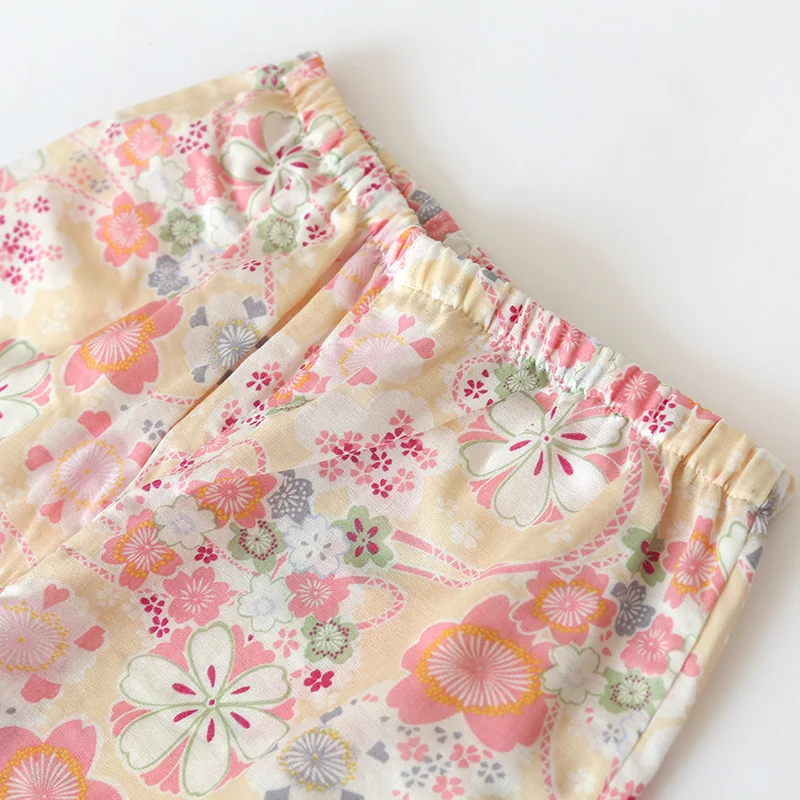 

Women 100% Gauze Cotton Half Sleeves Lady Pajamas Sets Trousers Cute Floral Simple Japanese Style Kimono Sleepwear Homewear NEW