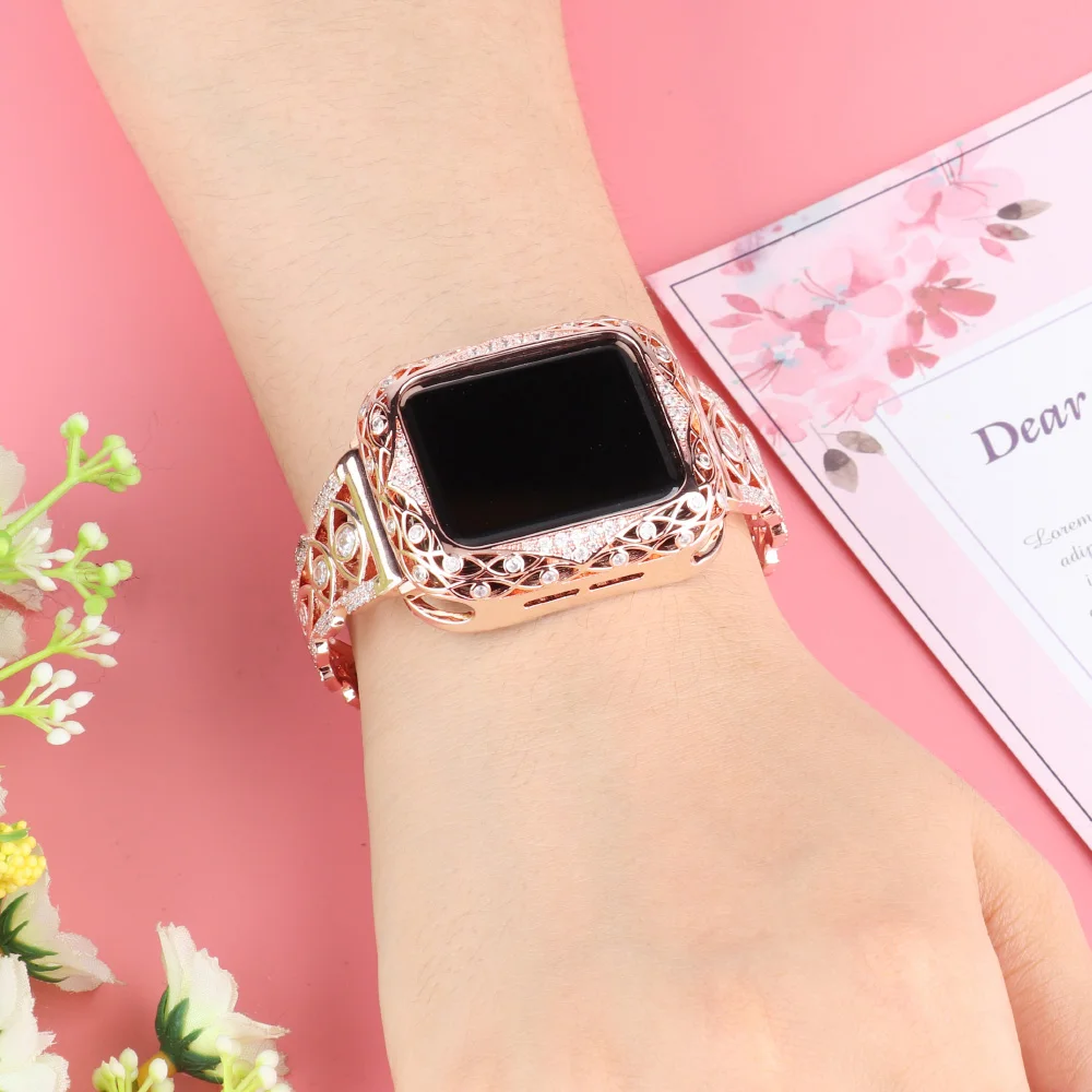 Luxury Women Bracelet Diamond Strap for Apple Watch 8 Band Series 7 6 SE 5 4 3 with Metal Case Cover 41mm 45mm 40mm 44mm Bumper