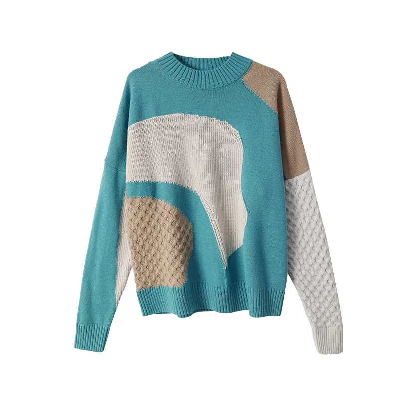 

Women Multicolor Patchwork Sweater O-neck Loose Casual Autumn Winter New Ladies Knit Pullovers