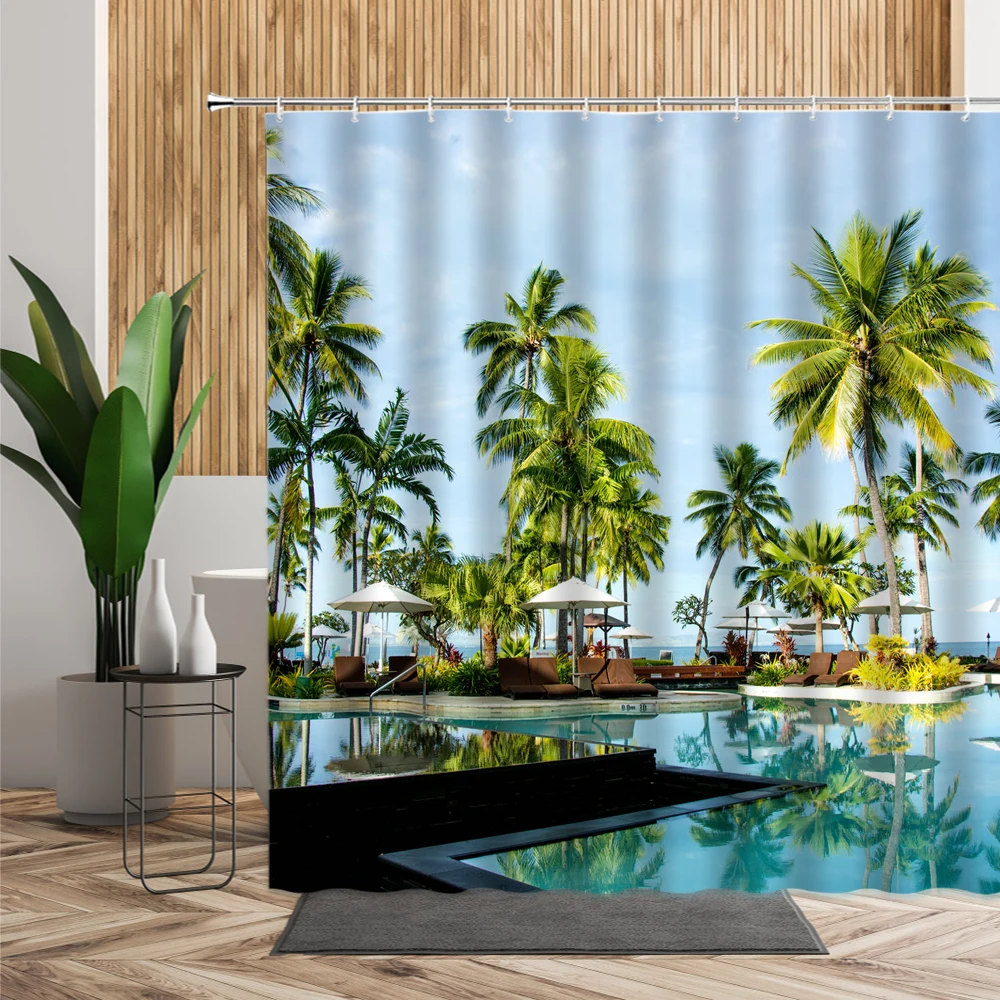 

Summer Beach Holiday Natural Scenery Shower Curtain Blue Sea Palm Tree Dolphin Seagull Home Decoration Waterproof Bath Curtains