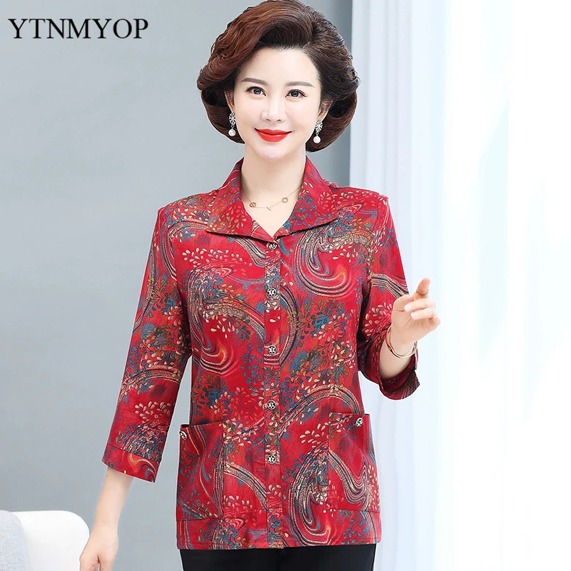 YTNMYOP Fashion Print Blouse Women Middle-aged 5XL Loose Shirts Ladies Turn-down Collar Pockets Spring Blouses High Quality