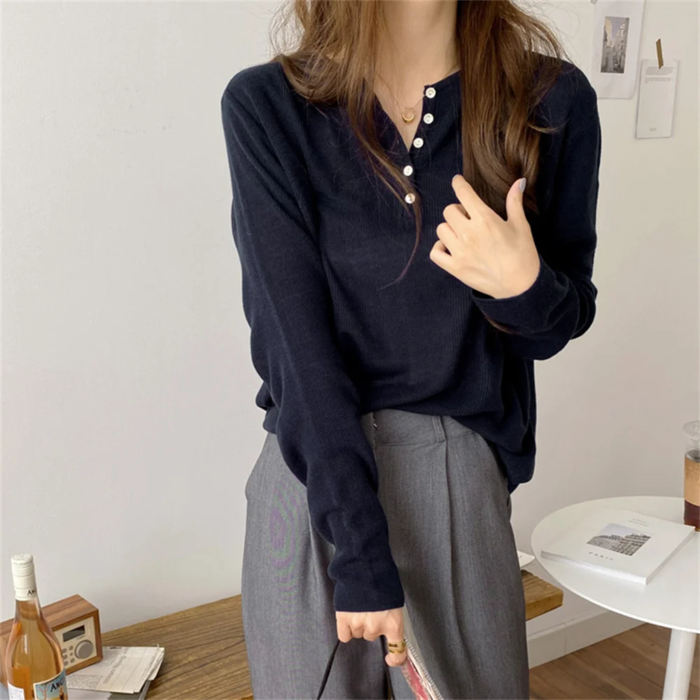 

HziriP Chic Elegant Button Full Sleeve Sweaters Slim Pullover 2021 Gentle Lady Outwear New All Match Bottoming Autumn Tops