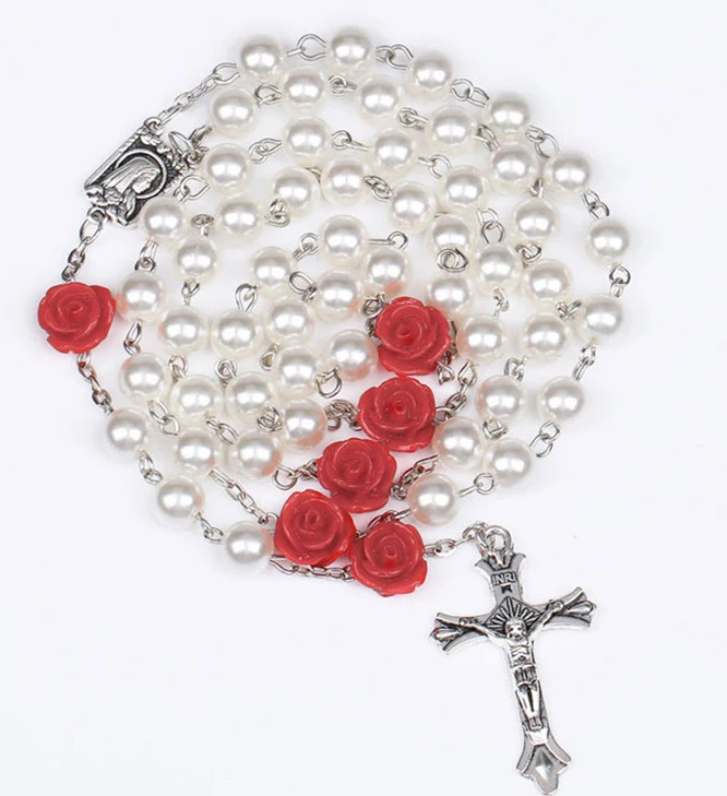 

Ожерелье с жемчужными розами католические розари крест кулон ожерелья ювелирные изделия цепи ожерелье для женщин жемчужное ожерелье