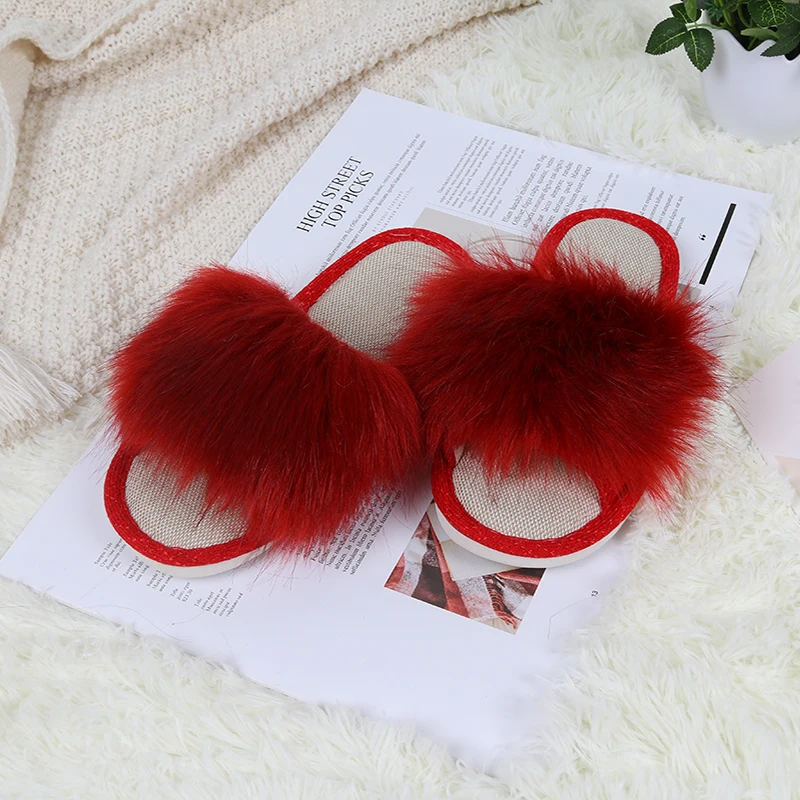

MLJUFEE Women Slippers Faux Fur Fluffy Autmn Winter Red Color Open Toe Fuzzy Cozy Bedroom Home Furry Slippers