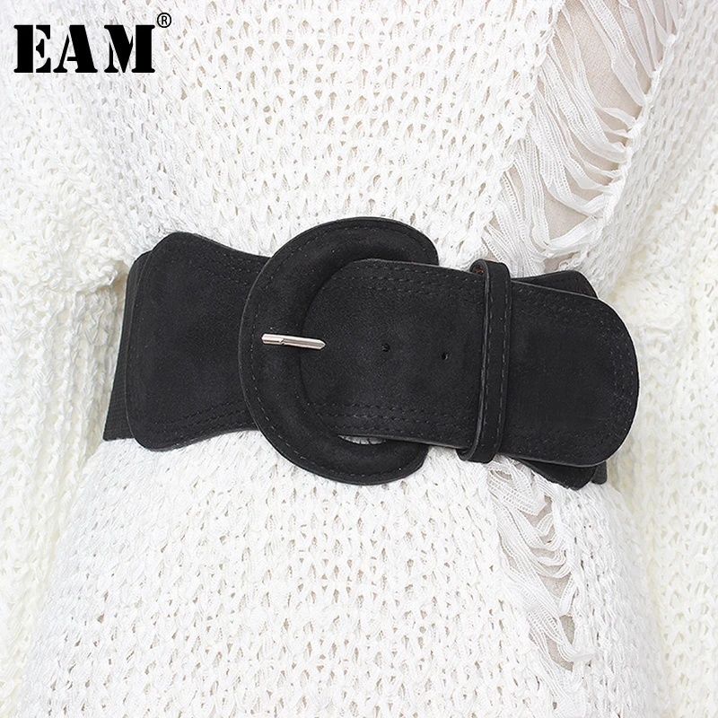 [EAM] многоцветные черные с большой пряжкой эластичный широкий пояс для женщин