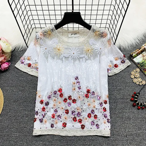 white Neploe/Новинка; 3D футболка с бусинами для ногтей; Femme; топ с блестками; перспективная кружевная Сетчатая футболка с короткими рукавами; женская модная Тяжелая футболка; 54367 - Цвет: white