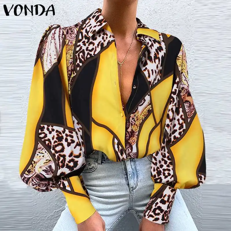 

Stylish Blouse Autumn Lapel Collar Puff Sleeve Shirts VONDA Long Sleeve Casual Button Up Pleat Blouse Bohemian Blusas Femininas