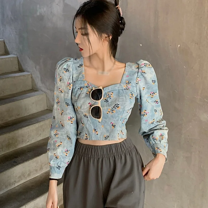 

Korean Vintage Print Square Collar Women Sexy Sweet Crop Navel Long Sleeve Shirt Girl Fashion Slim Short Shirt