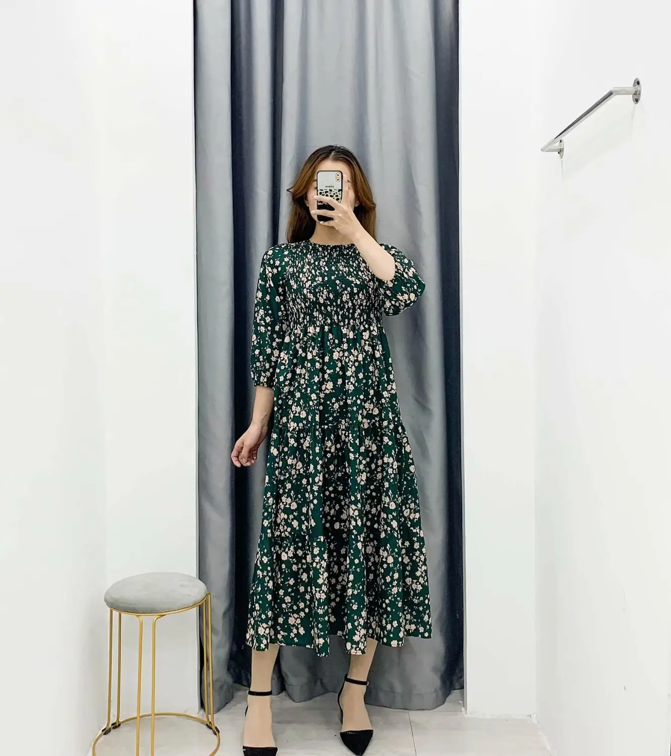 New Women O neck flower print pleated elastic casual midi Dress ladies three quarter sleeve spring vestidos chic Dresses DS3057
