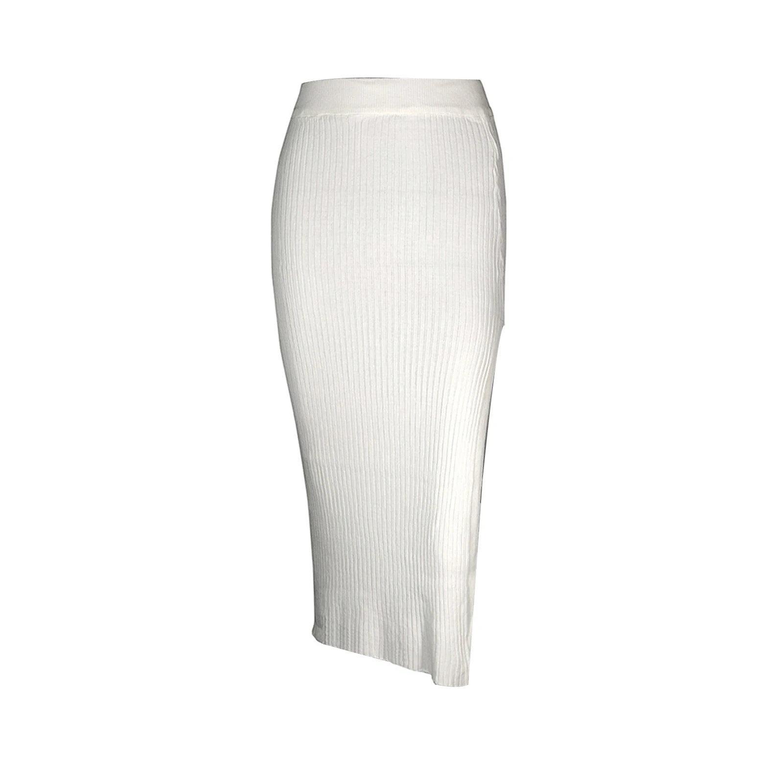

Ladies's Simple Style Long Skirt, White Solid Color Elastic High Waist Slit Dress, S/ M/ L