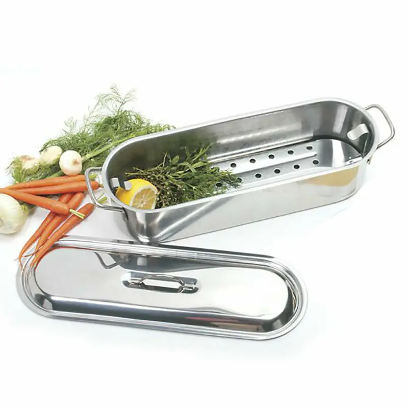 

20.5 inch stainless steel fish poacher with lid and perforated rack