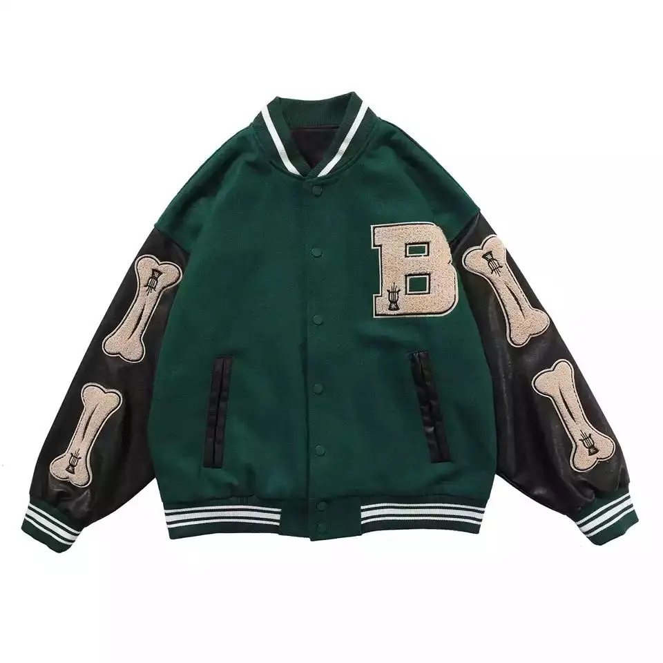 

Hip hop hairy bone stitching color jacket men's Harajuku college style baseball uniform neutral Jacket Women's Baseball Jacket