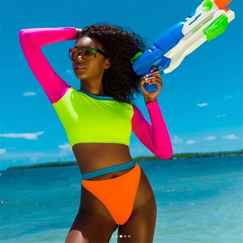 Неоновый цвет комплект бикини с длинным рукавом купальники высокой талией