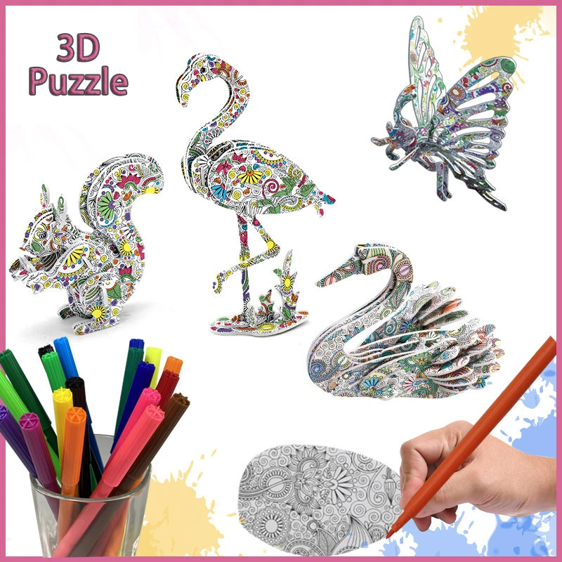 

Children 3D Graffiti Puzzl Three-Dimensional Animal Dinosaur Building Puzzles DIY Coloring Decoration Model Toys Christmas Gift