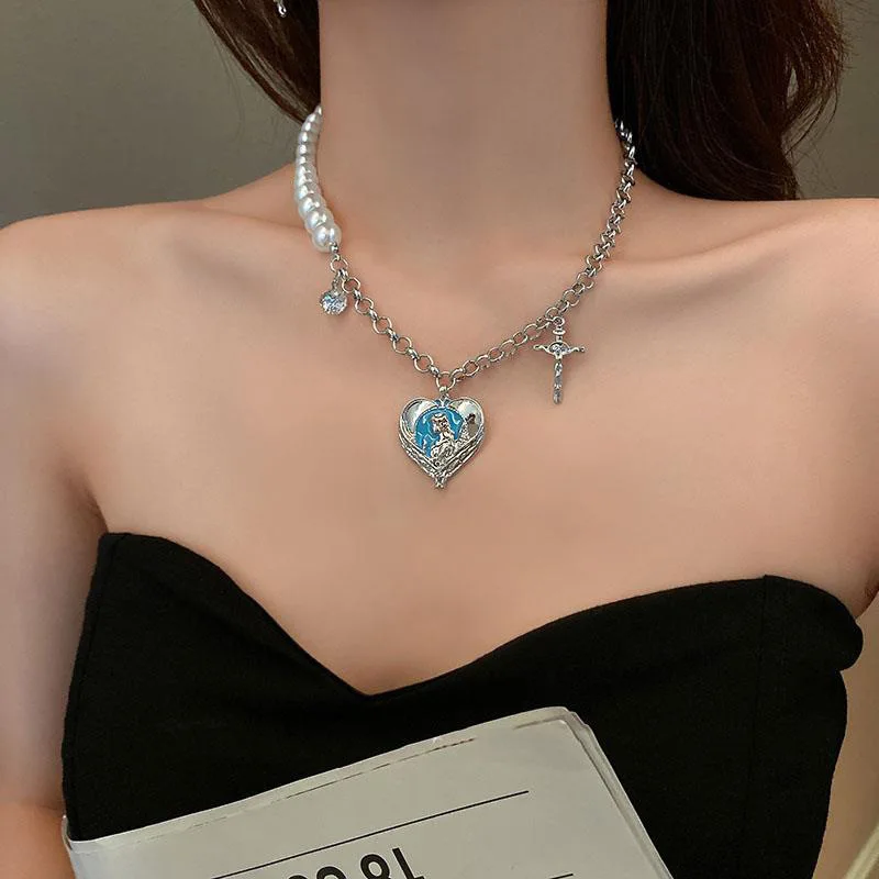 

Love & Cross Fashion Pearl Stitching Necklace Female Light Luxury Niche Sweet and Cool Hot Girl Style Clavicle Chain Accessories