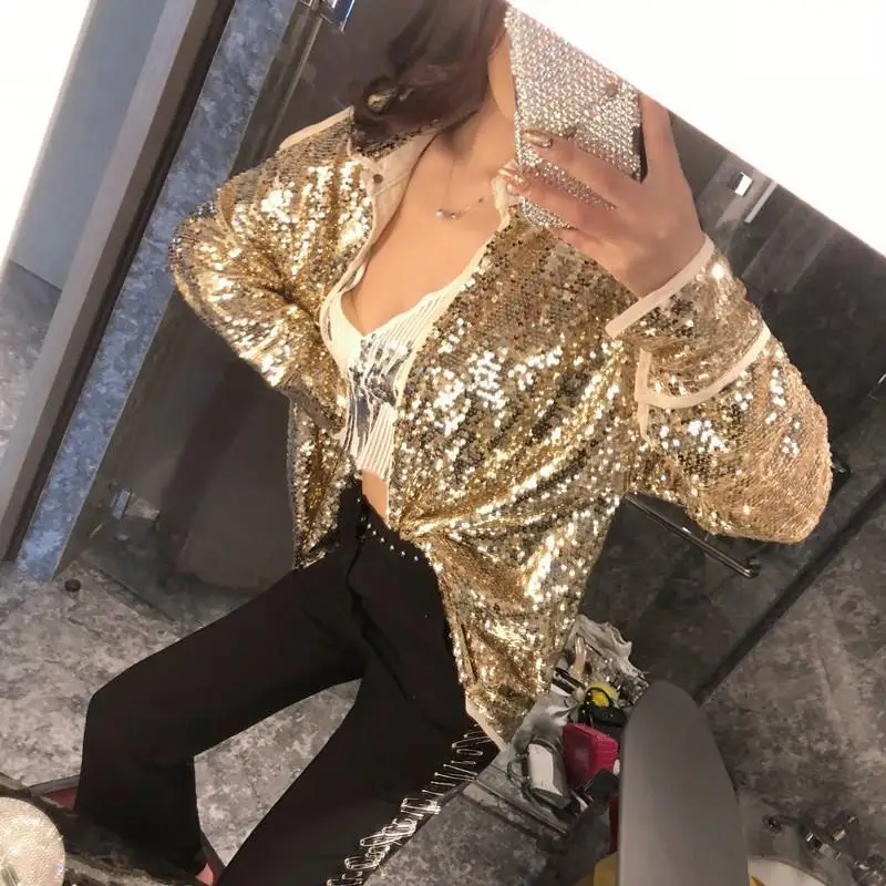 Осенняя Женская шикарная куртка с блестками пальто уличная одежда золото