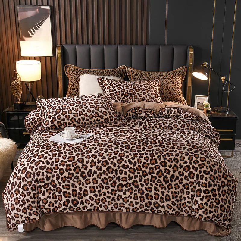 

Роскошный комплект постельного белья с леопардовым принтом, Зимний Теплый Бархатный комплект постельного белья с пододеяльником и наволоч...